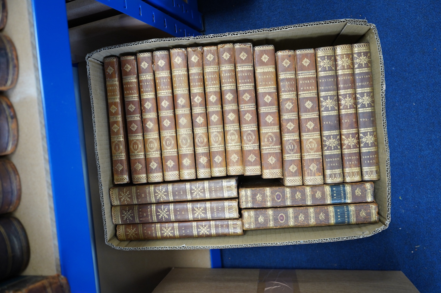 Bindings - Burke, Edmund - The Works, 12 vols, 8vo, calf, London, 1813-15; Watson, Robert - The History of the Reign of Philip the Second, King of Spain, 3 vols, 6th edition, 8vo, diced calf, London, 1803; [Castera, Jean